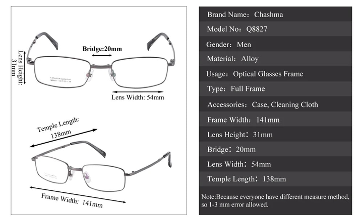 Chashma 8827 Eyeglasses — Frame Dimensions and Sizing Chart