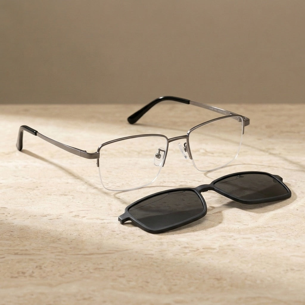 Chashma Men's Semi Rim Square Titanium Eyeglasses Clip On Sunglasses 887071 - Gray — view 1 | Chashma at FuzWeb