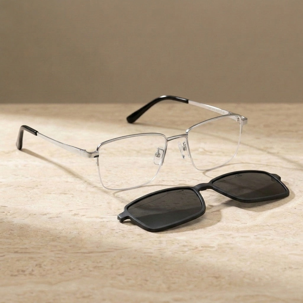 Chashma Men's Semi Rim Square Titanium Eyeglasses Clip On Sunglasses 887071 - Silver — view 2 | Chashma at FuzWeb