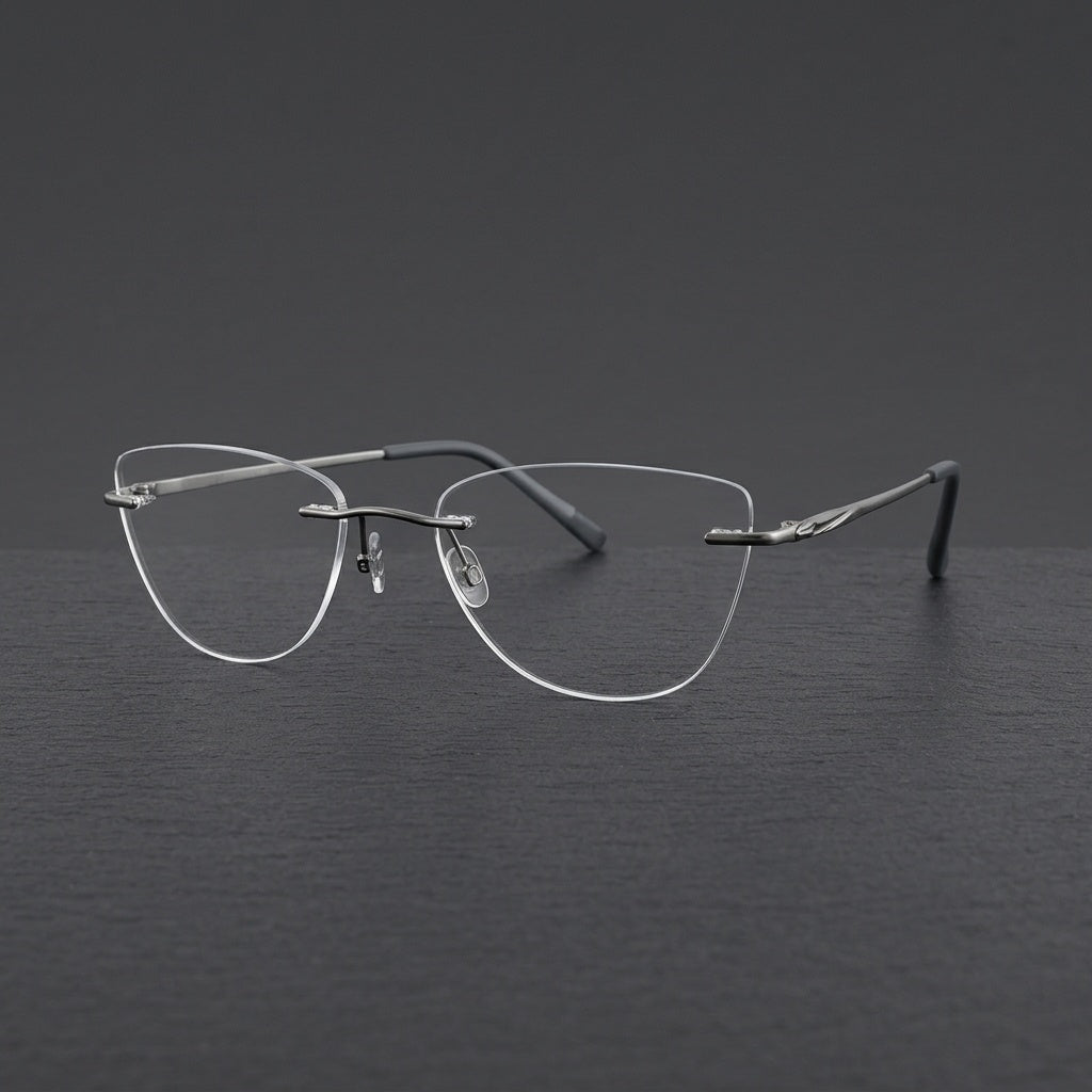 Chashma Women's Rimless Cat Eye Titanium Eyeglasses 889016 - Gray — view 1 | Chashma at FuzWeb
