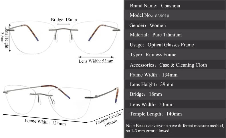 Chashma 889016 Eyeglasses — Frame Dimensions and Sizing Chart