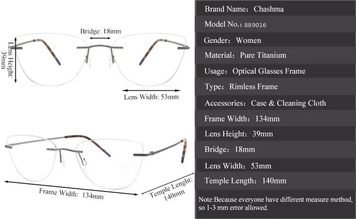 Chashma 889016 Eyeglasses — Frame Dimensions and Sizing Chart