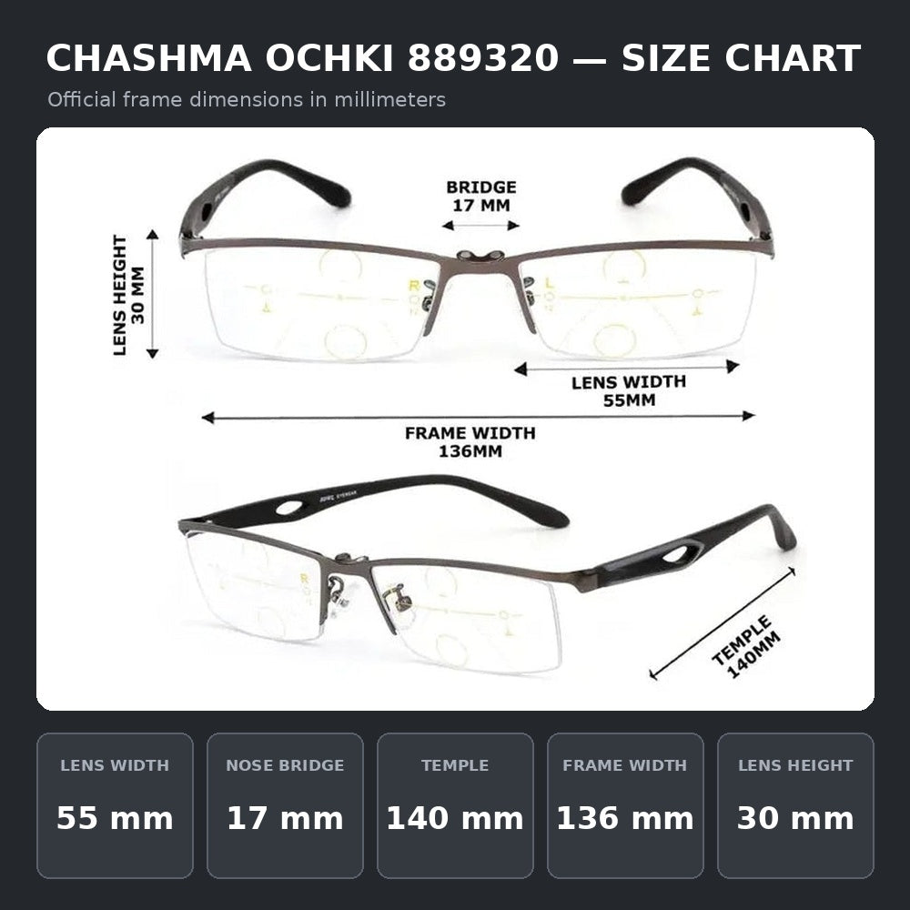 Chashma Ochki 889320 Eyeglasses — Frame Dimensions and Sizing Chart