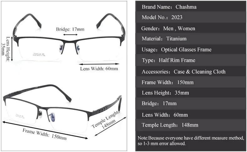 Chashma Ottica 942023 Eyeglasses — Frame Dimensions and Sizing Chart
