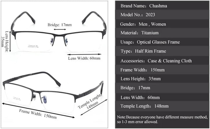 Chashma Ottica 942023 Eyeglasses — Frame Dimensions and Sizing Chart