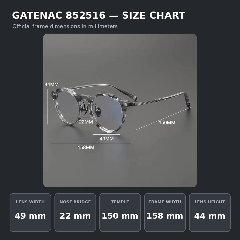 Gatenac 852516 Eyeglasses — Frame Dimensions and Sizing Chart