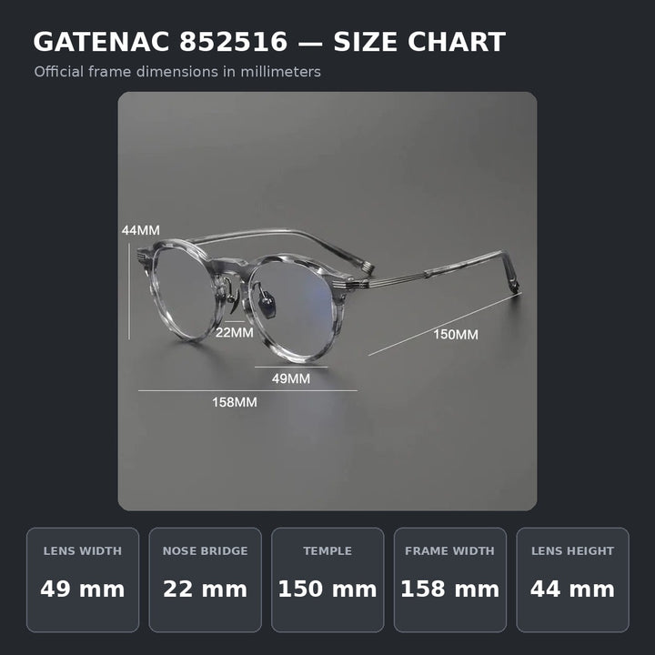 Gatenac 852516 Eyeglasses — Frame Dimensions and Sizing Chart
