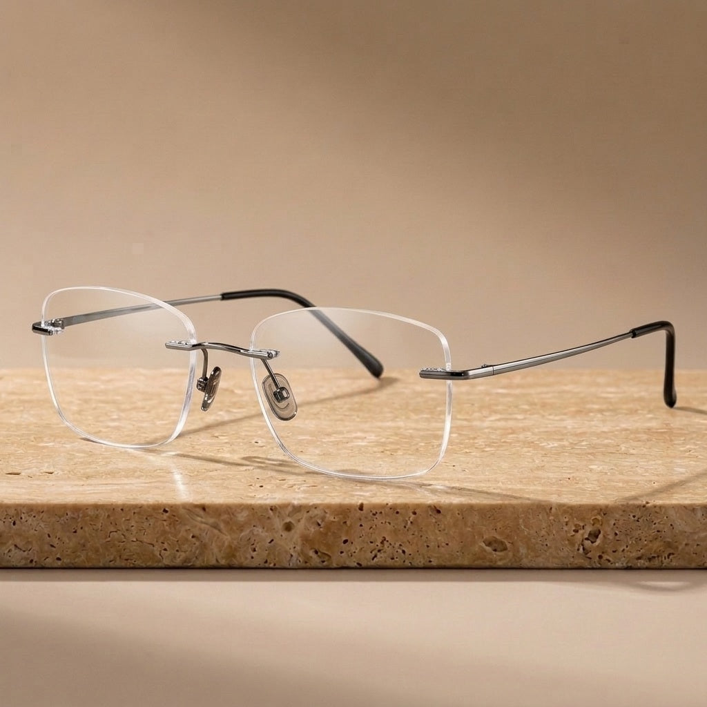 Krasivyy Men's Rimless Square Pure Titanium Eyeglasses KR16010 - Bright Gun — view 2 | Krasivyy at FuzWeb