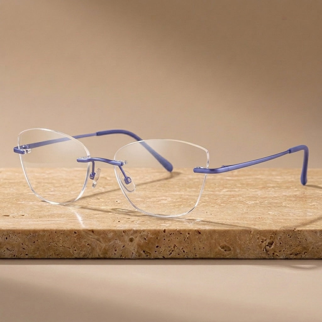 Krasivyy Women's Rimless Cat Eye Pure Titanium Eyeglasses KR16085 - Bright Blue — view 2 | Krasivyy at FuzWeb
