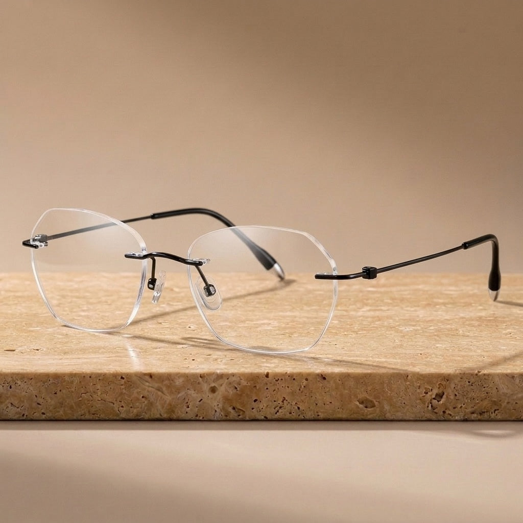 Krasivyy Unisex Rimless Polygon Pure Titanium Eyeglasses KR5024 - Bright Black — view 4 | Krasivyy at FuzWeb