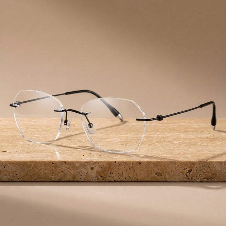Krasivyy Unisex Rimless Polygon Pure Titanium Eyeglasses KR5024 - Bright Black — view 4 | Krasivyy at FuzWeb