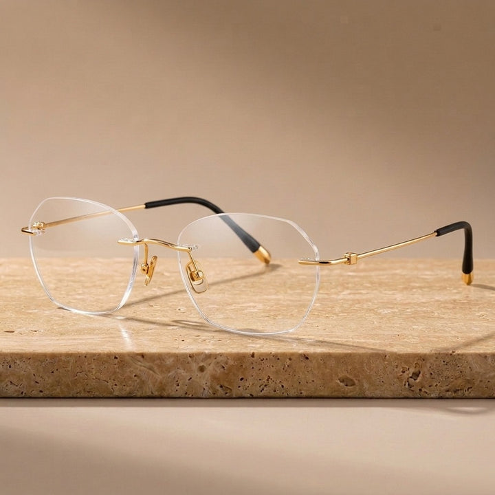 Krasivyy Unisex Rimless Polygon Pure Titanium Eyeglasses KR5024 - Bright Gold — view 3 | Krasivyy at FuzWeb