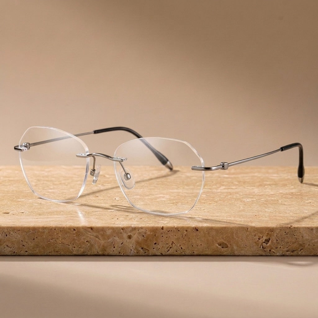 Krasivyy Unisex Rimless Polygon Pure Titanium Eyeglasses KR5024 - Bright Gun — view 2 | Krasivyy at FuzWeb