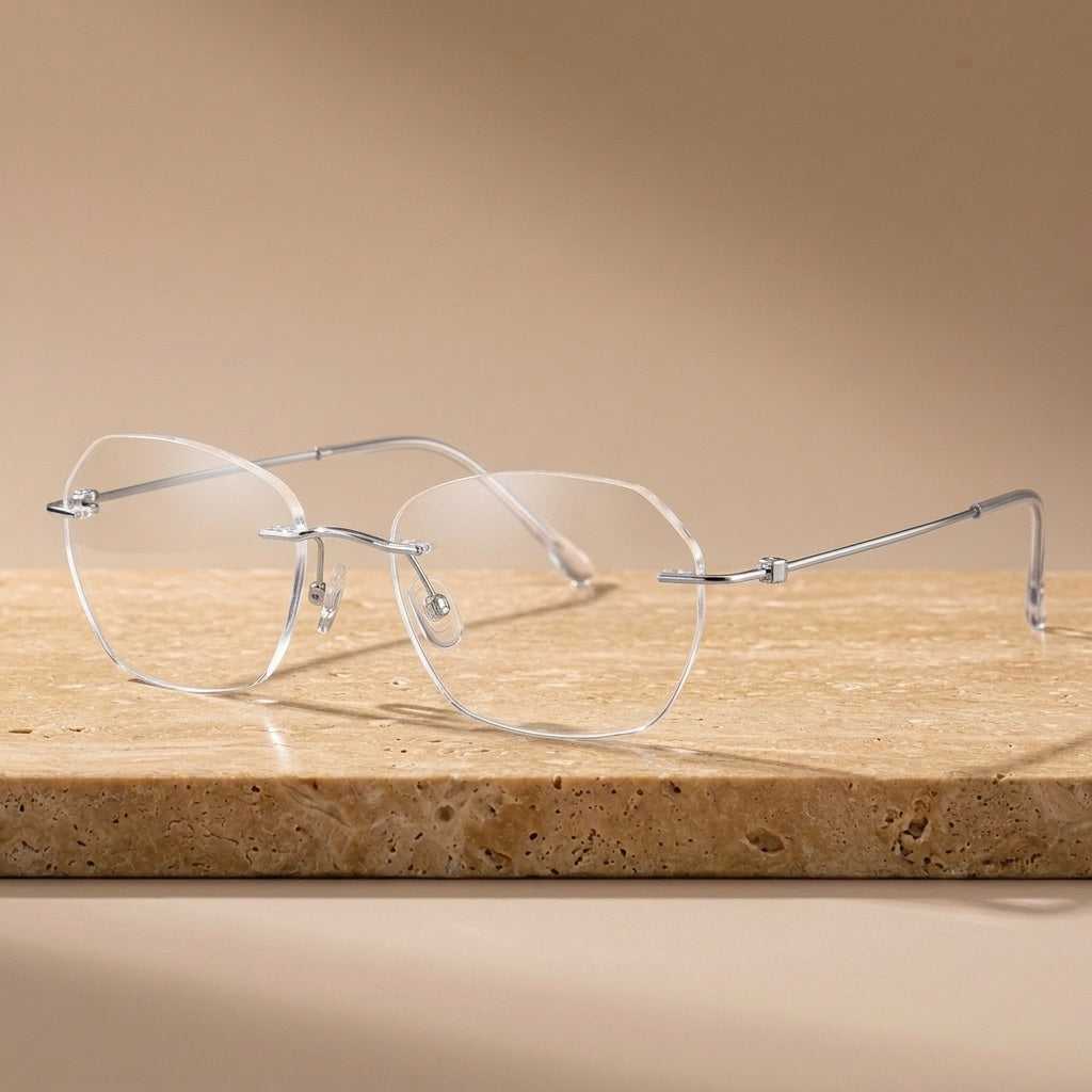 Krasivyy Unisex Rimless Polygon Pure Titanium Eyeglasses KR5024 - Bright Silver — view 1 | Krasivyy at FuzWeb