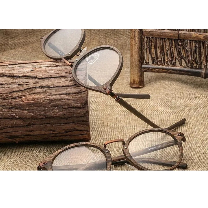 Hdcrafter Unisex Full Rim Round Acetate Eyeglasses Acetate Round Wood Grain Bc06