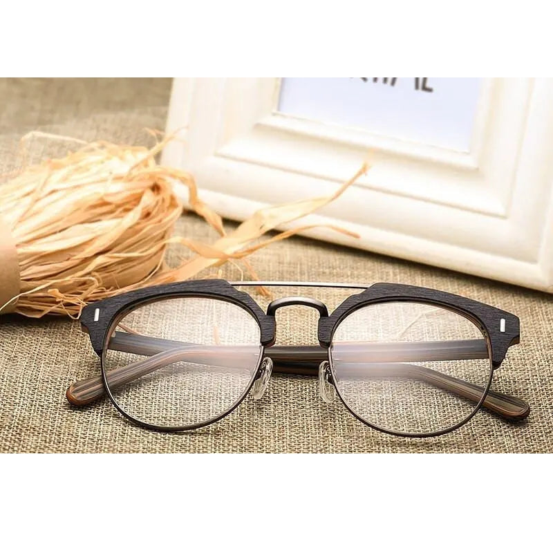 Hdcrafter Unisex Full Rim Round Wood Metal Frame Eyeglasses Bc01