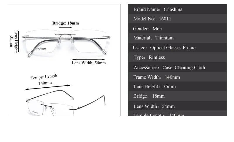 Chashma Ochki Unisex Rimless Square Titanium Eyeglasses 16011