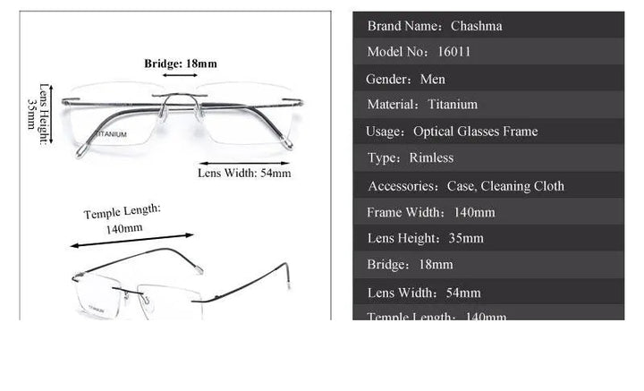 Chashma Ochki Unisex Rimless Square Titanium Eyeglasses 16011
