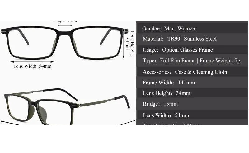 Chashma Ochki Unisex Full Rim Square Ultem Tr 90 Stainless Steel Eyeglasses 2601