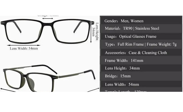 Chashma Ochki Unisex Full Rim Square Ultem Tr 90 Stainless Steel Eyeglasses 2601