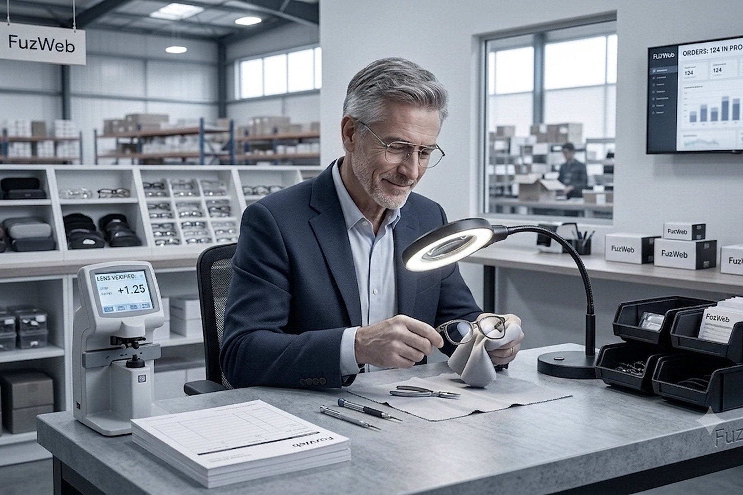 FuzWeb technician verifying prescription lenses in the optical lab