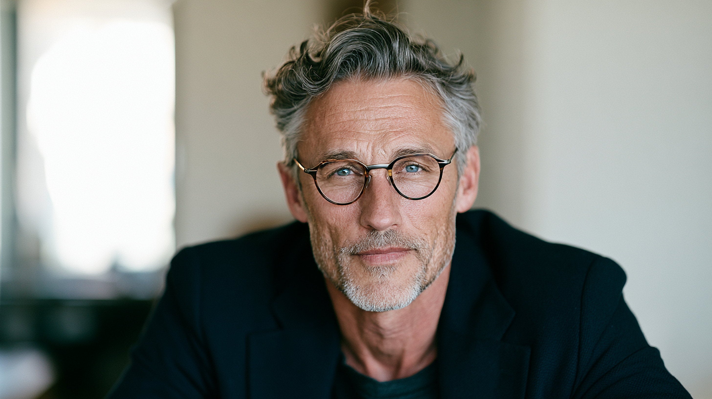 Man in his fifties wearing round tortoiseshell prescription eyeglasses