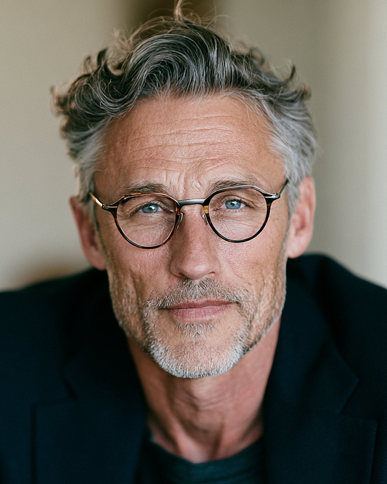 Man in his fifties wearing round tortoiseshell prescription eyeglasses