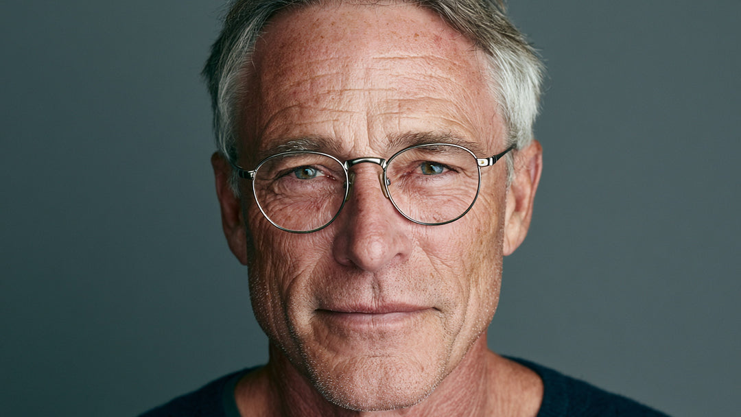 Man in his sixties wearing round metal prescription eyeglasses