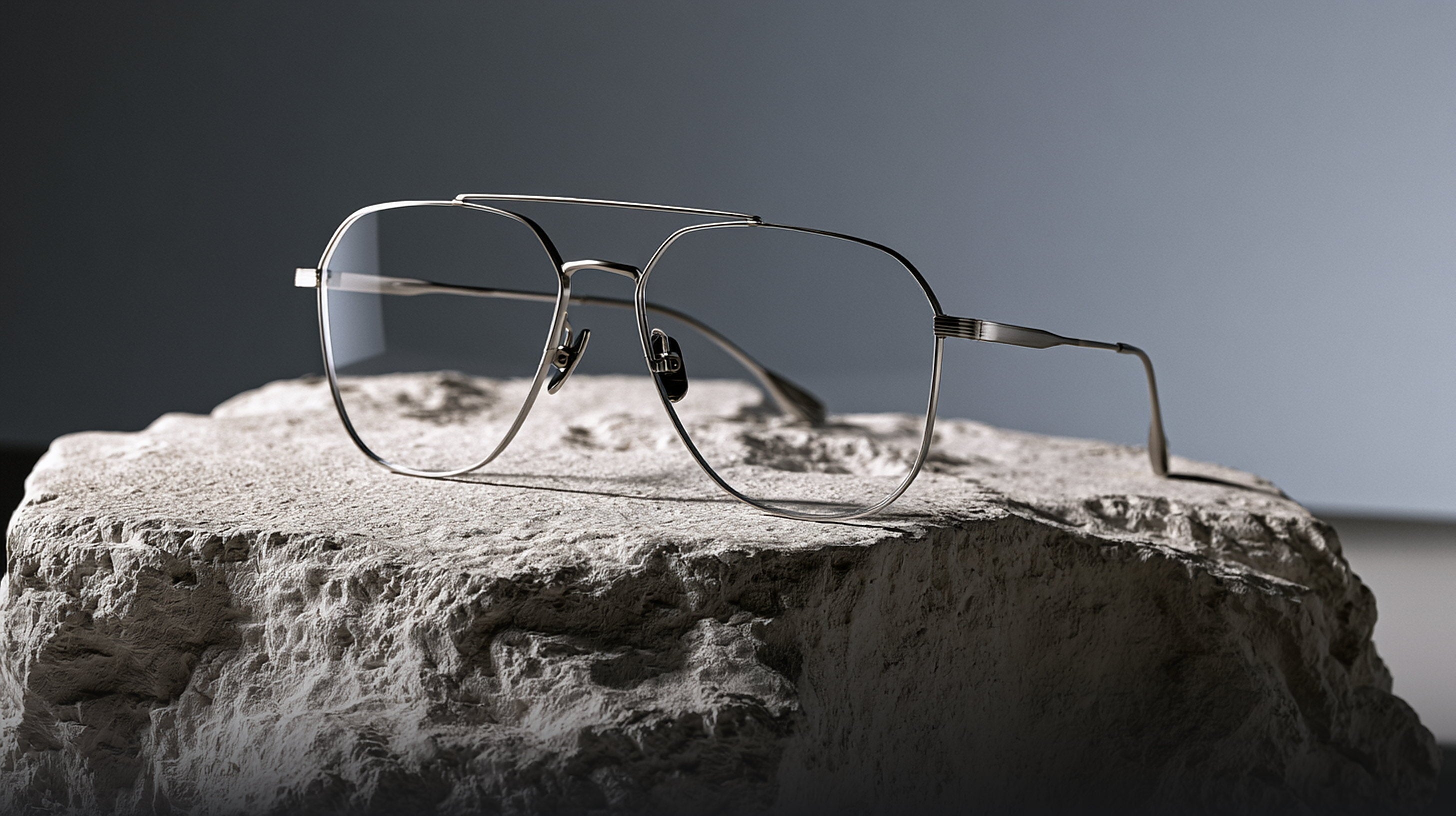 Titanium aviator prescription eyeglasses resting on a stone block