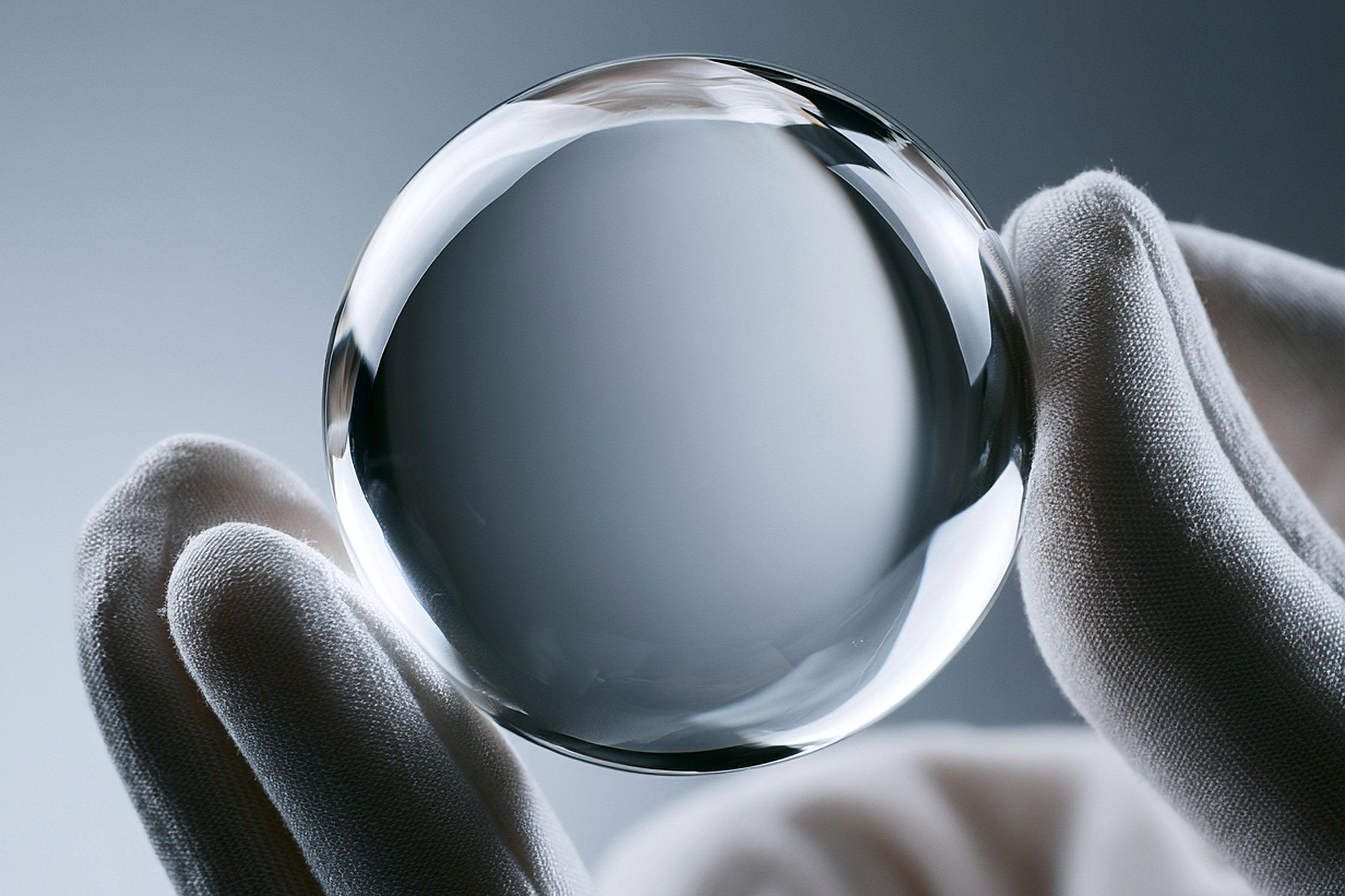 Prescription lens inspected with white cotton gloves in an optical lab