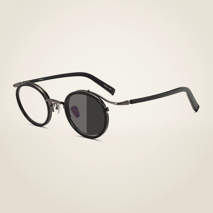 Gatenac Unisex Full Rim Round Acetate Alloy Frame Eyeglasses GXJ37 - Black Photochromic