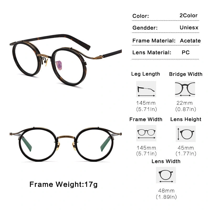 Gatenac Unisex Full Rim Round Acetate Alloy Frame Eyeglasses GXJ37 - Size Chart and Dimensions