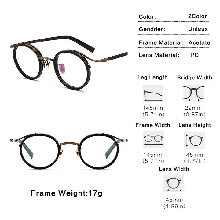 Gatenac Unisex Full Rim Round Acetate Alloy Frame Eyeglasses GXJ37 - Size Chart and Dimensions