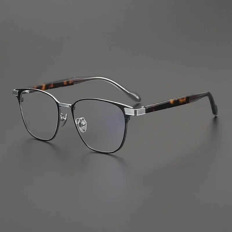Gatenac Men's Full Rim Big Square Titanium Acetate Eyeglasses 190075 - Black Silver