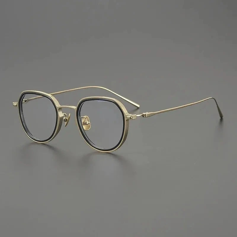 Gatenac Men's Full Rim Flat Top Round Acetate Titanium Eyeglasses 678316 - Black Gold
