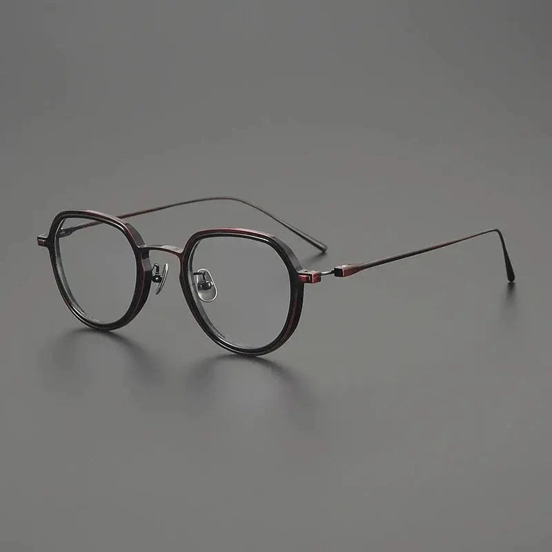 Gatenac Men's Full Rim Flat Top Round Acetate Titanium Eyeglasses 678316 - Black Red