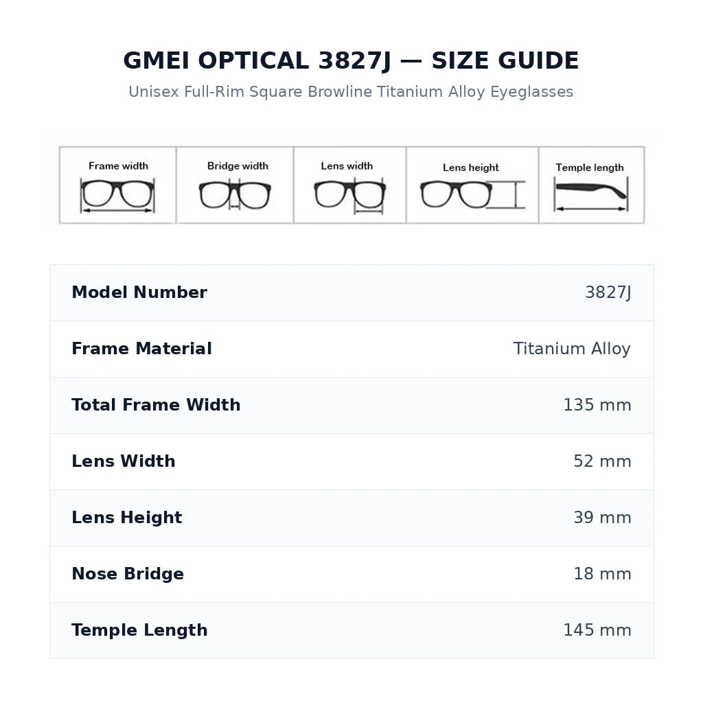 Gmei Optical Unisex Square Alloy Prescription Eyeglasses 3827J - Size Guide