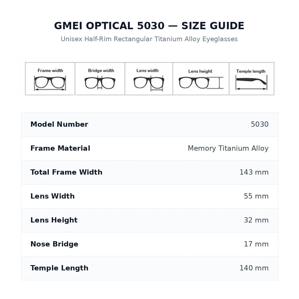 Gmei Optical Unisex Semi Rim Titanium Alloy Prescription Eyeglasses 5030 - Size Guide