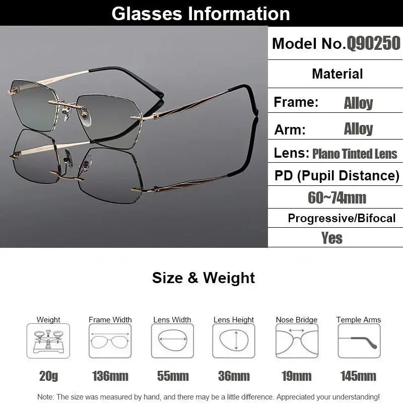 Gmei Women's Rimless Polygon Square Titanium Alloy Eyeglasses 90250 - Size Chart