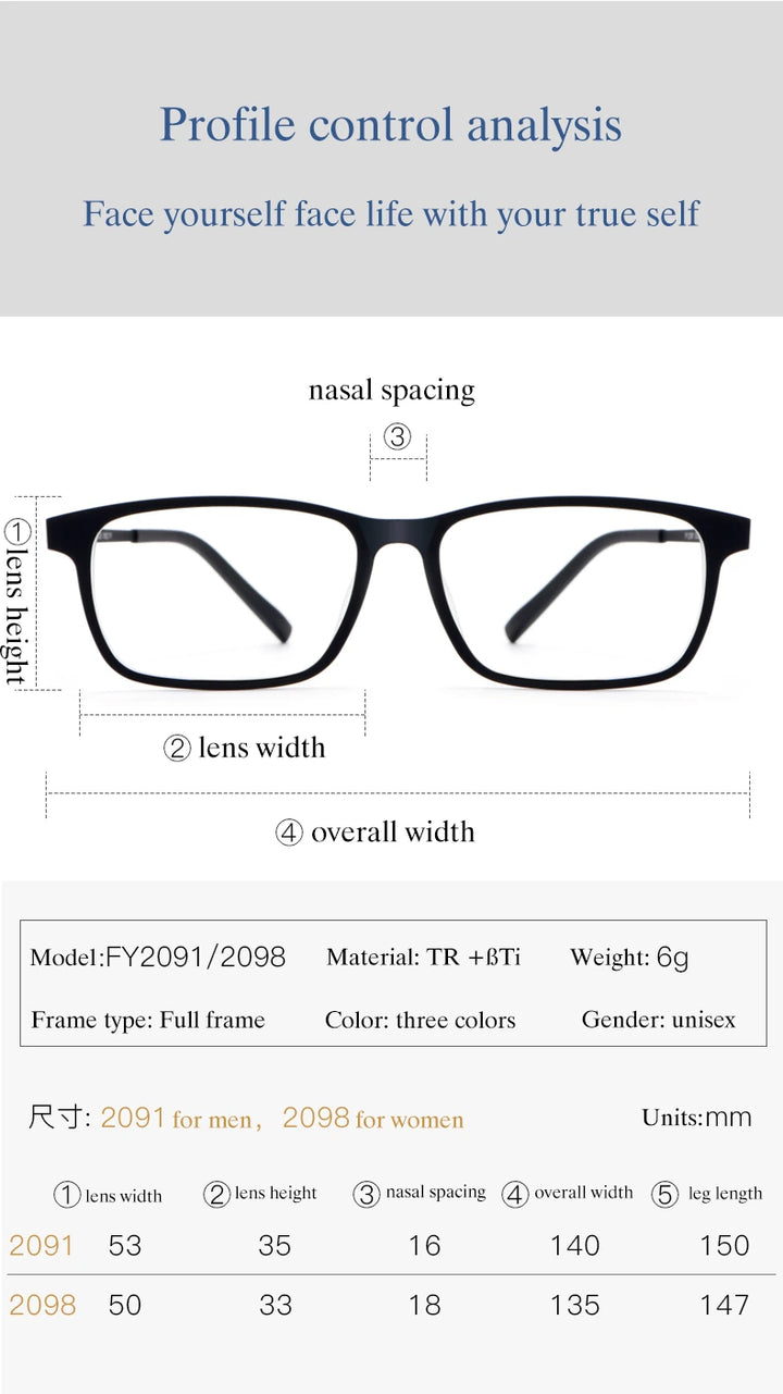 Handoer Unisex Full Rim Square Tr 90 Titanium 2 Size Reading Glasses 29198 - Size Chart