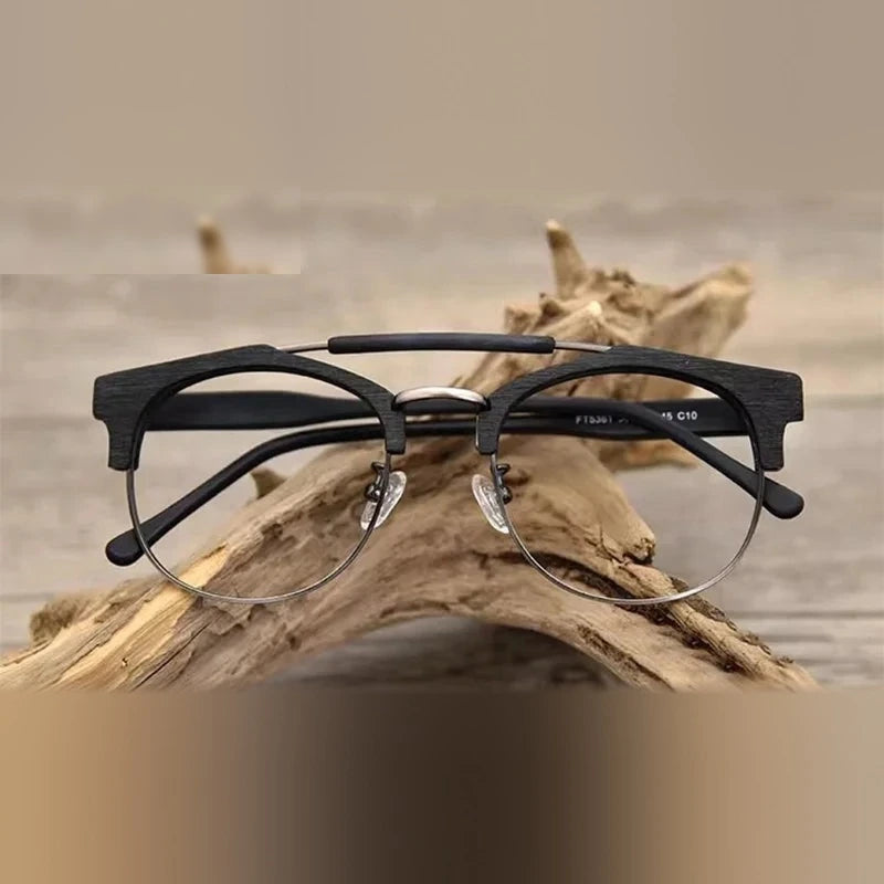 Hdcrafter Men's Semi Rim Double Bridge Round Acetate Titanium Frames 536100 - Black-C10