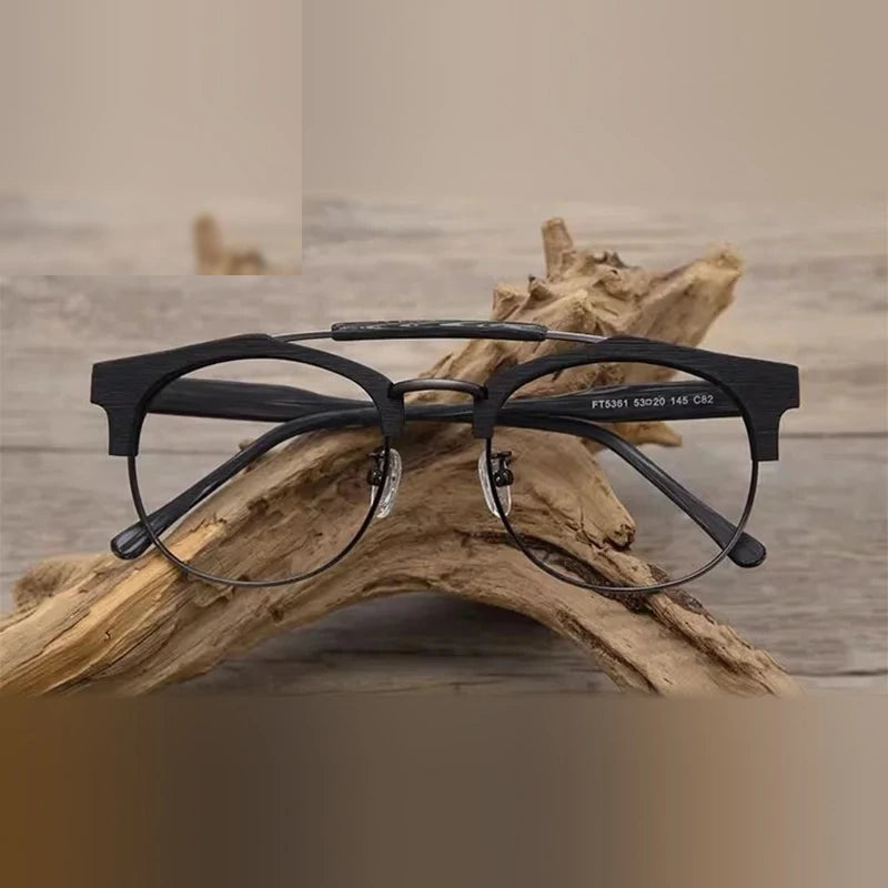 Hdcrafter Men's Semi Rim Double Bridge Round Acetate Titanium Frames 536100 - Black-Grey-C82