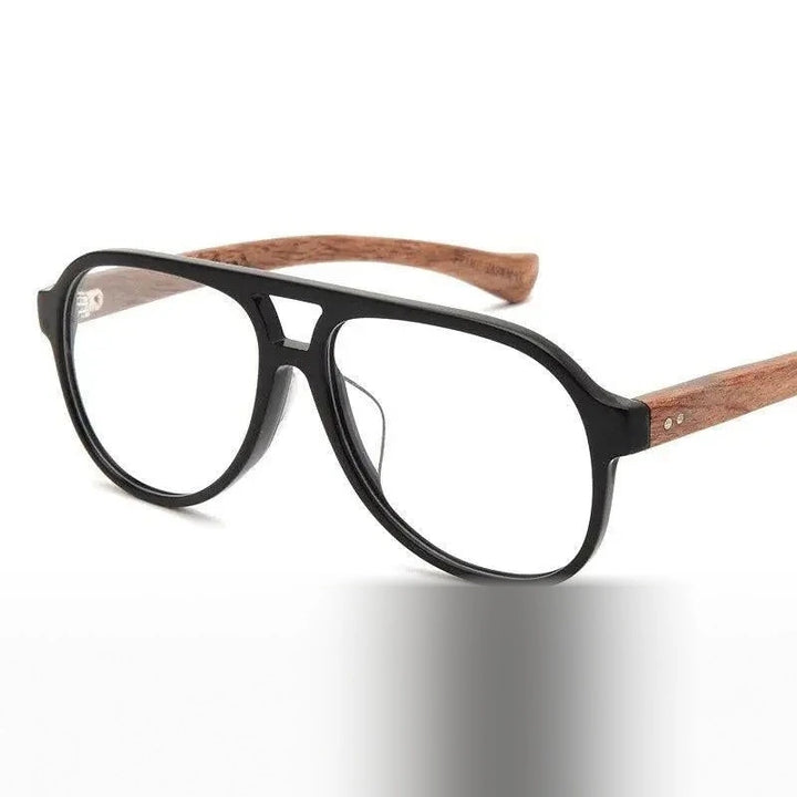 Hdcrafter Unisex Full Rim Double Bridge Round Wood Frame Eyeglasses 7428d - Glossy-Black-Brown
