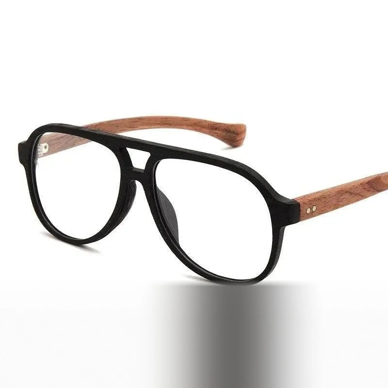 Hdcrafter Unisex Full Rim Double Bridge Round Wood Frame Eyeglasses 7428d - Wood-Black-Brown