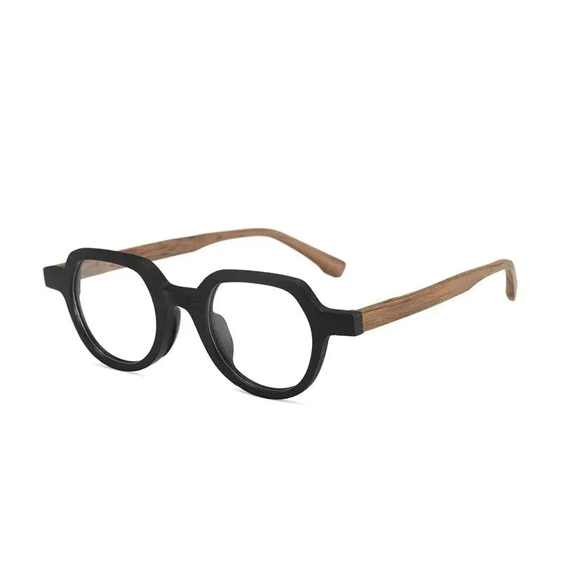 Hdcrafter Unisex Full Rim Flat Top Round Wood Eyeglasses 2311 - Black-Brown-C86