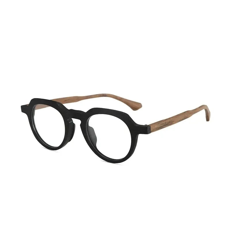 Hdcrafter Unisex Full Rim Flat Top Round Wood Eyeglasses 2310 - Black-Brown-C86