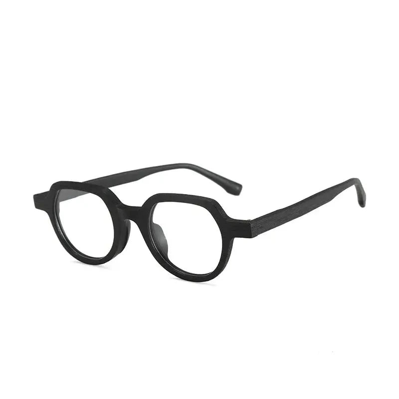 Hdcrafter Unisex Full Rim Flat Top Round Wood Eyeglasses 2311 - Black-C10