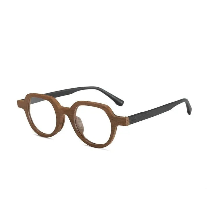 Hdcrafter Unisex Full Rim Flat Top Round Wood Eyeglasses 2311 - Brown-Black-C90