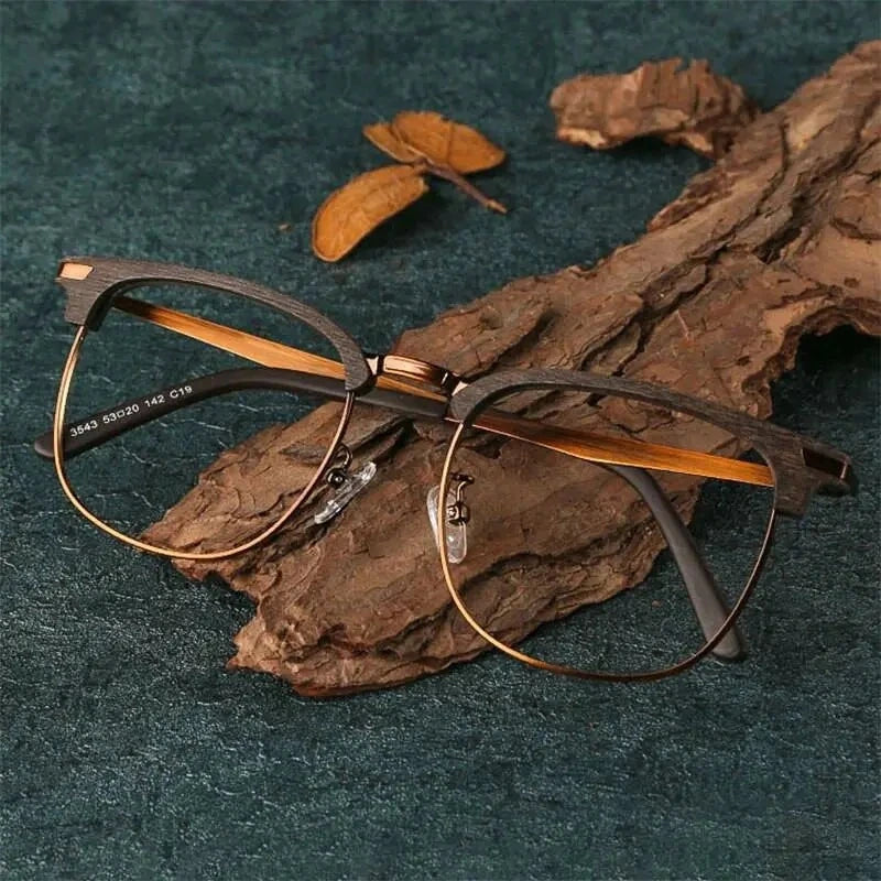 Hdcrafter Unisex Full Rim Oversized Round Square Wood Alloy Eyeglasses 3543 - Coffee-C19