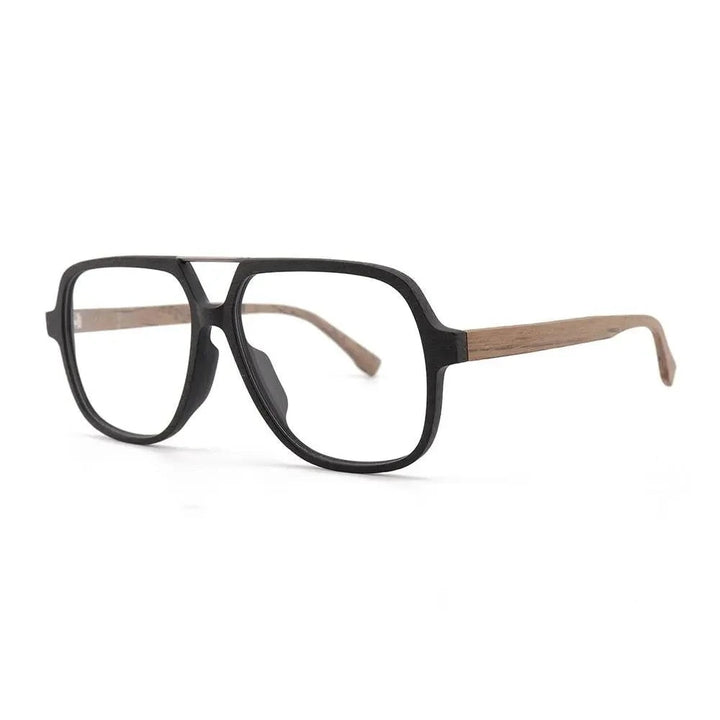 Hdcrafter Unisex Full Rim Polygonal Double Bridge Wood Metal Frame Eyeglasses 6018 - Black Brown-C86